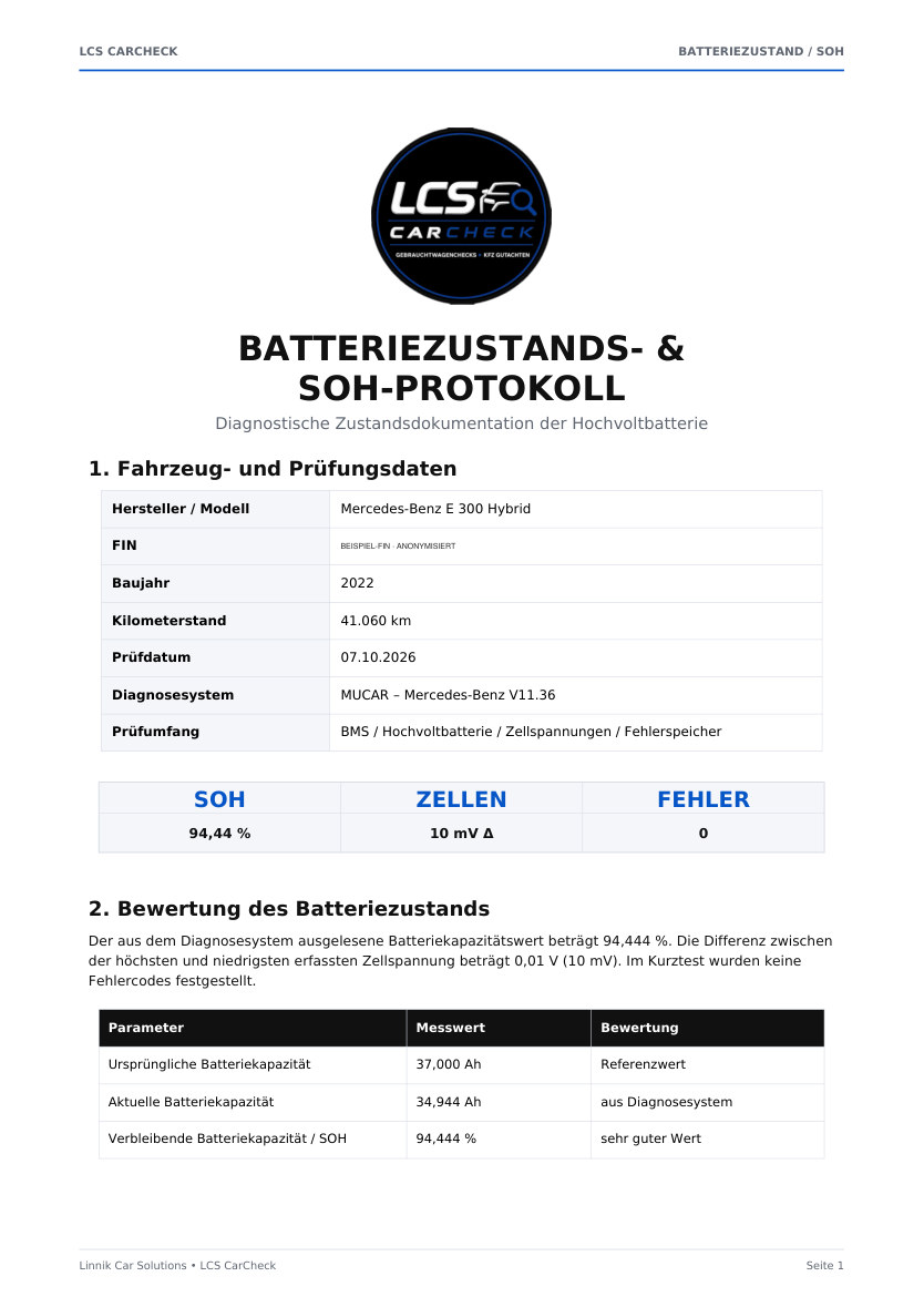 Anonymisierte Beispielseite eines LCS CarCheck SOH-Protokolls