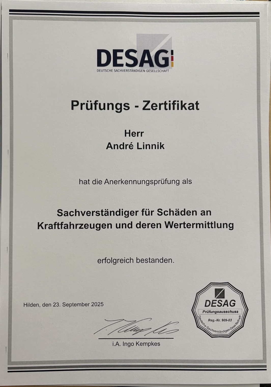Original DESAG Prüfungs-Zertifikat von André Linnik