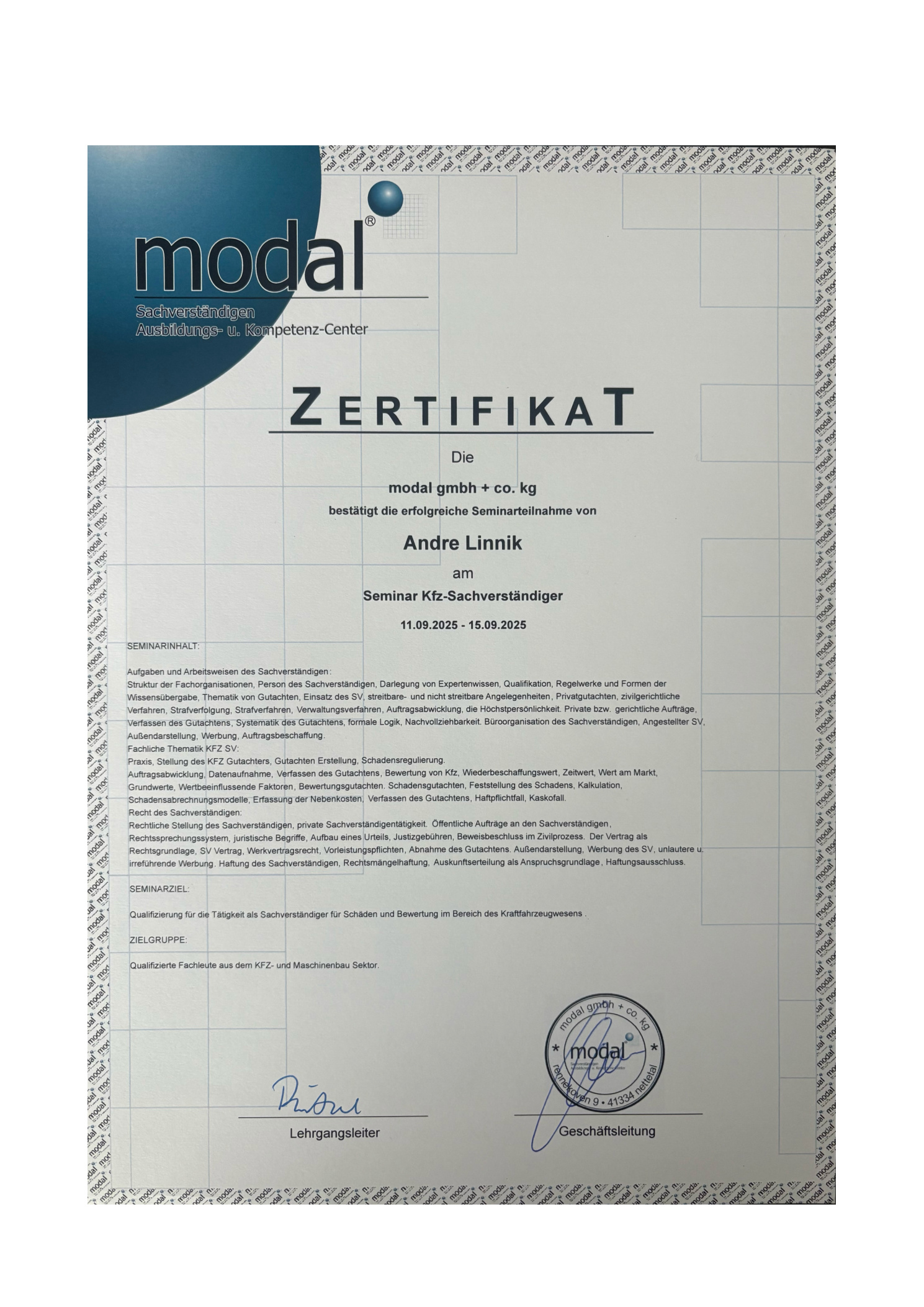 Original-Zertifikat von modal über die erfolgreiche Seminarteilnahme Kfz-Sachverständiger